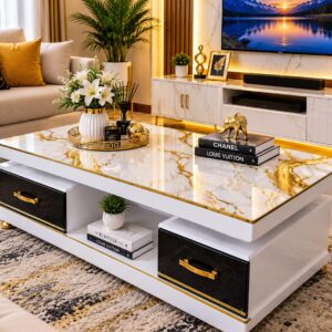 Executive White Coffee Table with Marble Top – Modern Living Room Table
